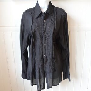 NANIBON Black Embroidered Button Front Long Sleeve Shirt Linen Sheer Mens Large